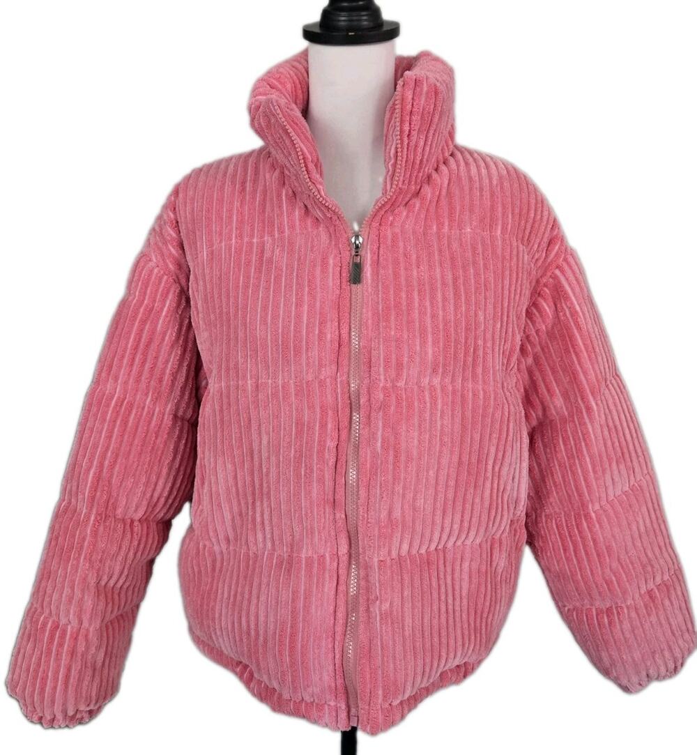Pink Kawaii Cropped Puffer Corduroy Terry Full Zip Jacket Womens Sz M/L